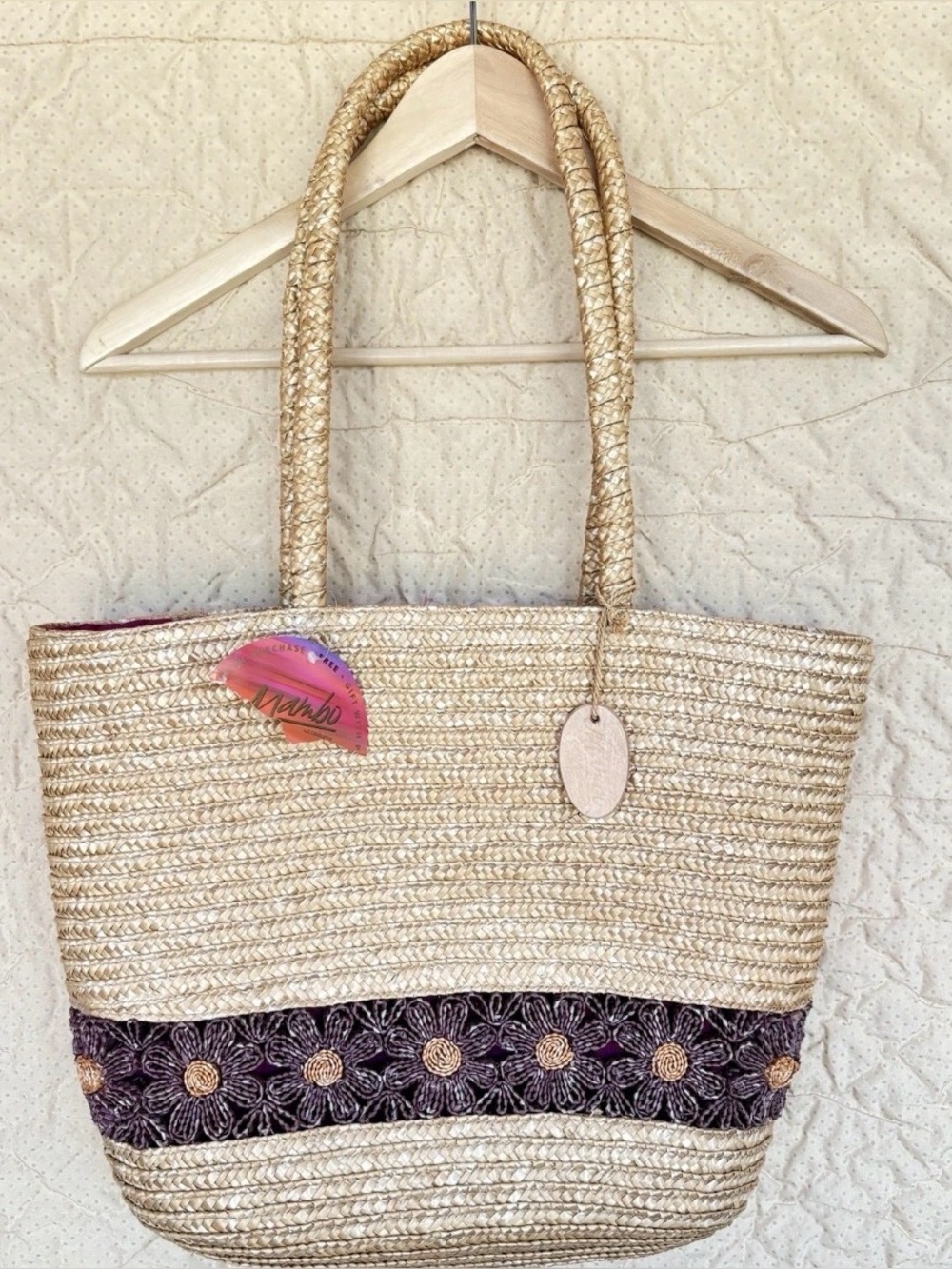 MAMBO Straw Sea Grass Tote Bag Liz Clairborne Beach Pool Travel Daisy Picnic